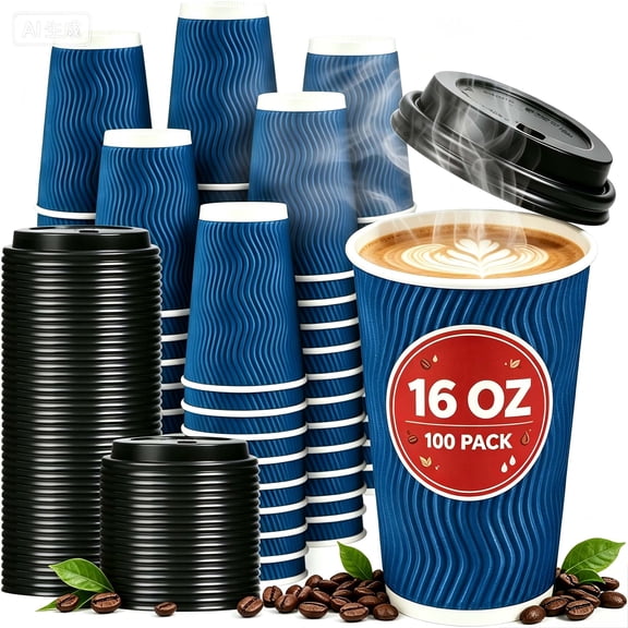 BYSNOW 16oz Disposable Coffee Cups with Lids, Insulated Paper Cups with Lids, 100 Pack