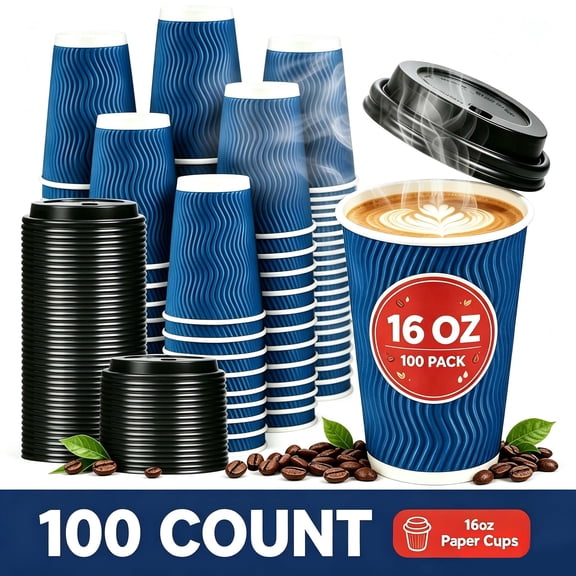 BYSNOW 16oz Disposable Coffee Cups with Lids, Insulated Paper Cups with Lids, 100 Pack