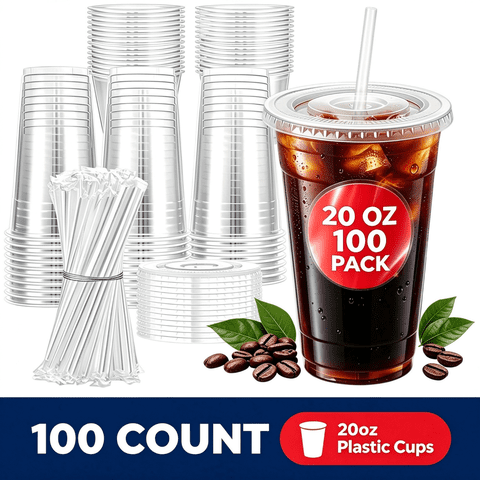 BYSNOW 20 oz Clear Plastic Cups with Lids and Straws, 100 Pack Disposable Iced Coffee Cups, To-Go Cold Drinks Cups