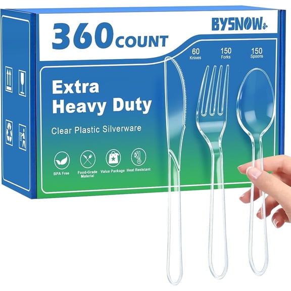 BYSNOW 360 Pack Clear Plastic Silverware Set, Disposable Plastic Flatware, 150 Forks 150 Spoons 60 Knives, BPA Free Heat Resistant