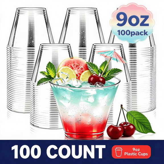 BYSNOW 9 oz Clear Plastic Cups, 100 Pack Disposable Cups, Plastic Wine Cups for Coffee, Cocktails & Cold Drinks