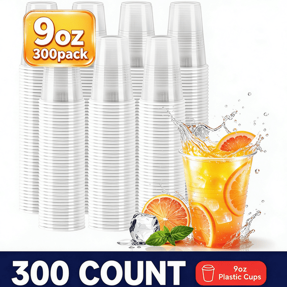 BYSNOW 9 oz Clear Plastic Cups, Crystal Cold Cups Bulk, Disposable Cups for Party, Dinne, 300 Count