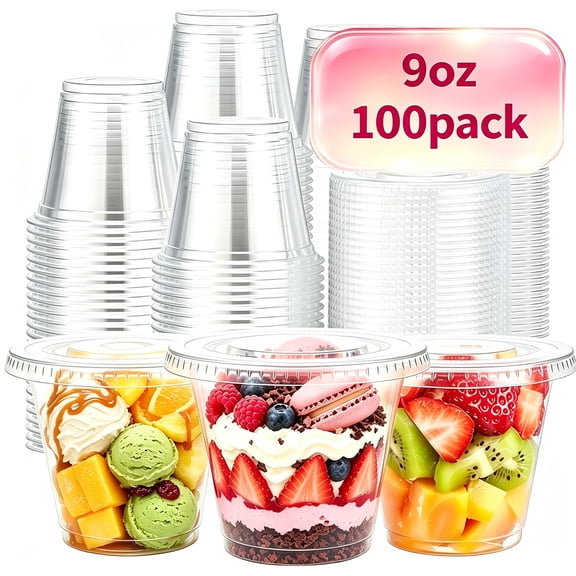 BYSNOW 9oz Clear Plastic Cups with Lids No Hole, Disposable Cups with Flat Lids, 100 Pack Dessert Cups for Ice Cream, Cake, Fruit