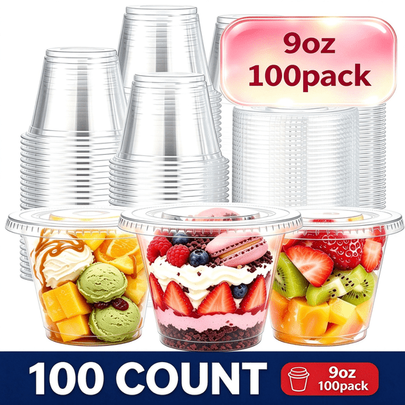 BYSNOW 9oz Clear Plastic Cups with Lids No Hole, Disposable Cups with Flat Lids, 100 Pack Dessert Cups for Ice Cream, Cake, Fruit