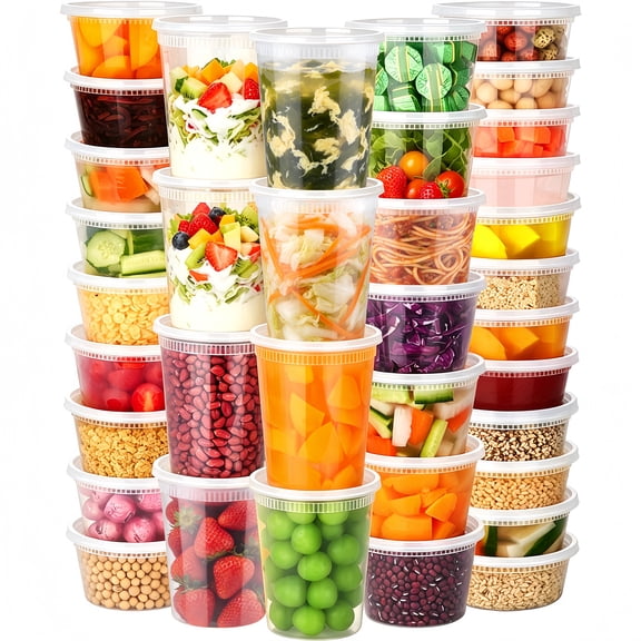 BYSNOW Deli Containers with Lids 48 Set, 8/16/32 oz Plastic Food Storage Containers, BPA Free, Leakproof, Stackable, Microwave Dishwasher Freezer Safe