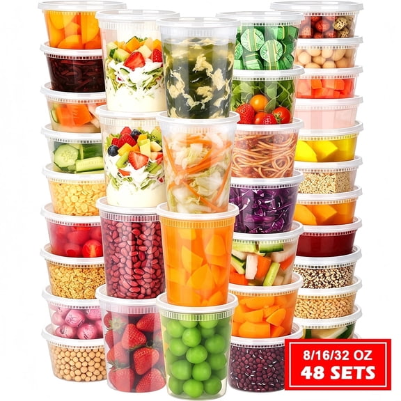 BYSNOW 8/16/32 oz Deli Containers with Lids,  Plastic Food Storage containers 48 Set