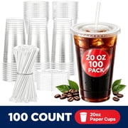 BYSNOW 20 oz Clear Plastic Cups with Lids and Straws, 100 Pack Disposable Iced Coffee Cups, To-Go Cold Drinks Cups