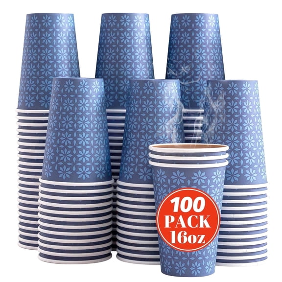BYSNOW 16 oz Disposable Paper Coffee Cups, Hot/Cold Drink Cups, 100 Count
