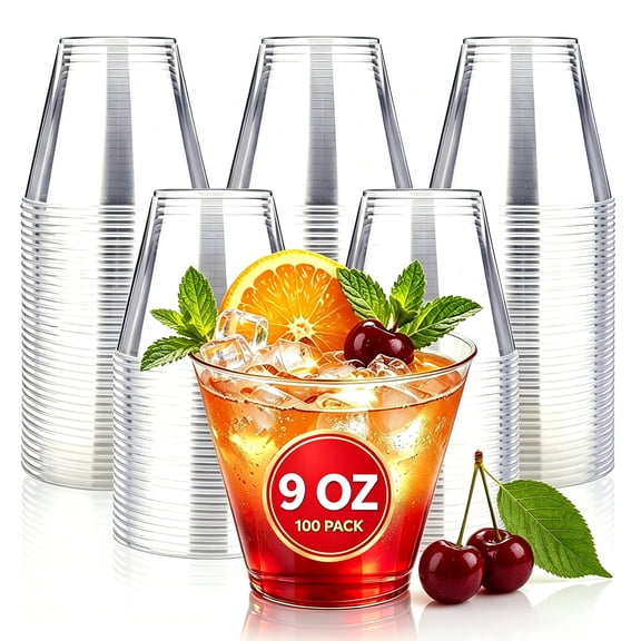 BYSNOW 9 oz Clear Plastic Cups, Disposable Party Cups, 100 Pack