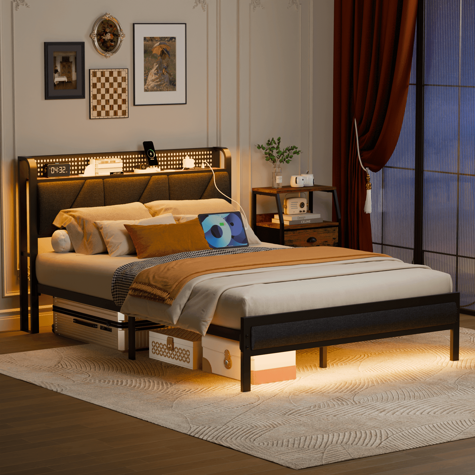 BYT Full Bed Frame with Upholstered Storage Headboard, Metal Platform Bed Station with Charging Station & LED, Noise-Free, No Box Spring Needed