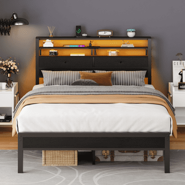 BYT Full Size Bed Frame with 2 Storage Drawers Headboard, LED & Charging Station, Black oack