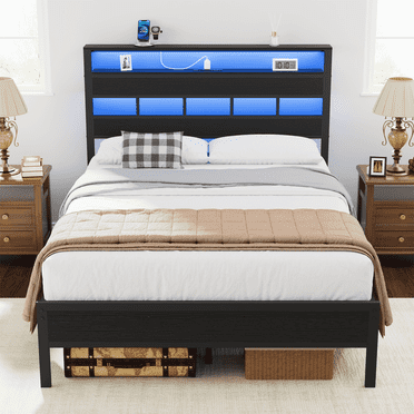 Glozzt Full Size Bed Frame with Upholstered Storage Headboard and LED Light, Platform Bed with Metal Slats, Noise Free Design