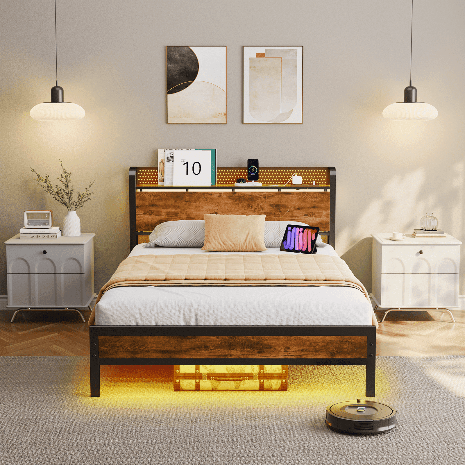 BYT LED Bed Frame Full Size with 2 USB Ports and Outlets, Platform Metal Bed Frame, No Box Spring Needed, Noise-Free