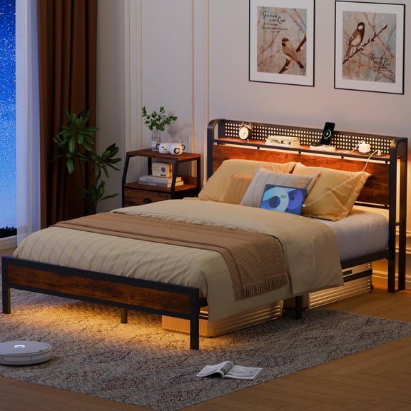 BYT LED Bed Frame Queen Size with 2 USB Ports and Outlets, Platform Metal Bed Frame, No Box Spring Needed, Noise-Free