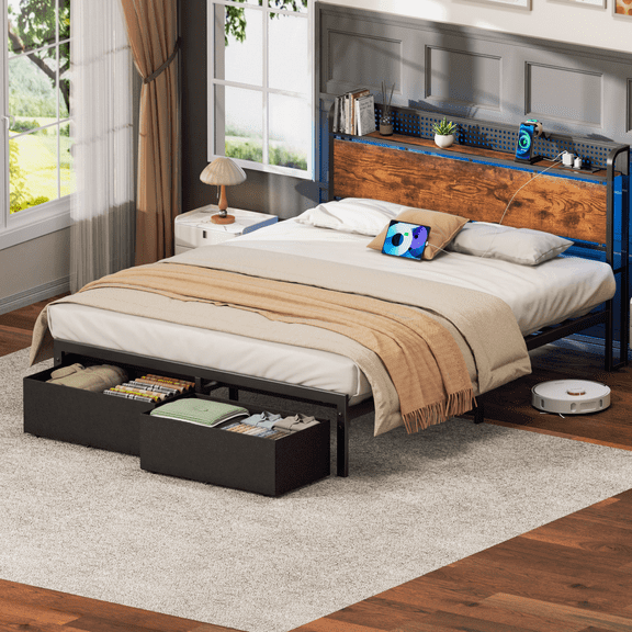 BYT Queen Bed Frame with 2 Drawers & Storage Headboard, Platform Metal Bed with Charging Station, No Box Spring Needed
