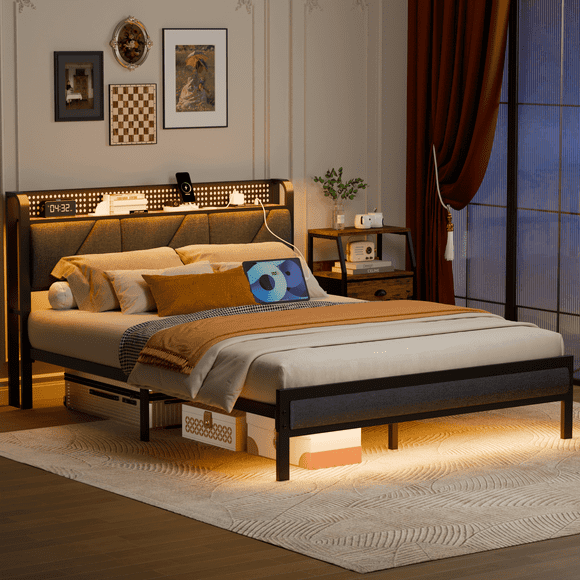 BYT Queen Bed Frame with Upholstered Storage Headboard, Metal Platform Bed Station with Charging Station & LED, Noise-Free, No Box Spring Needed