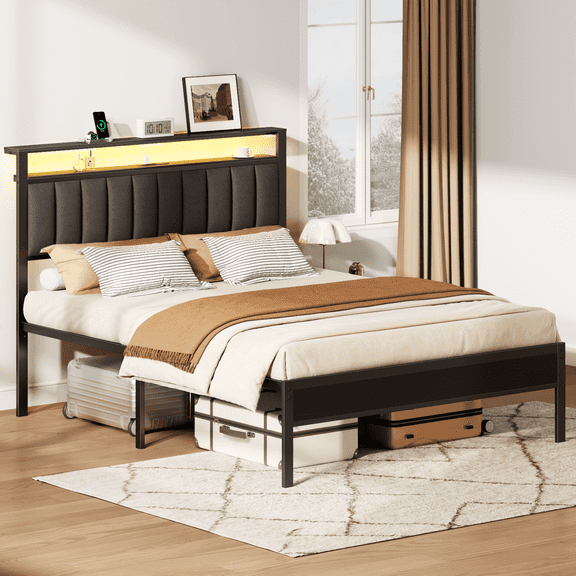 Glozzt Queen LED Bed Frame with Smart RGB Lights, Headboard Charging Station, Versatile Storage Solution, Comfortable Upholstered Backrest, No Box Spring Needed