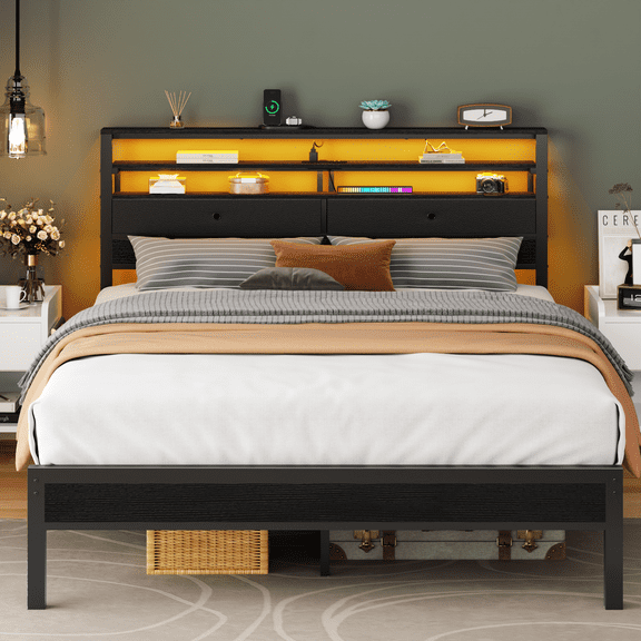 BYT Queen Size Bed Frame with 2 Storage Drawers Headboard, LED & Charging Station, Black oack