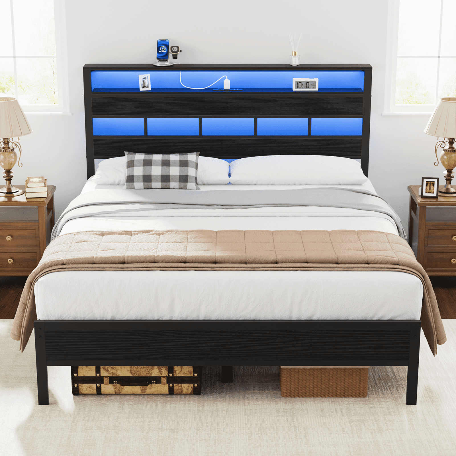 Glozzt Queen Size Bed Frame with Upholstered Storage Headboard and LED Light, Platform Bed with Metal Slats, Noise Free Design