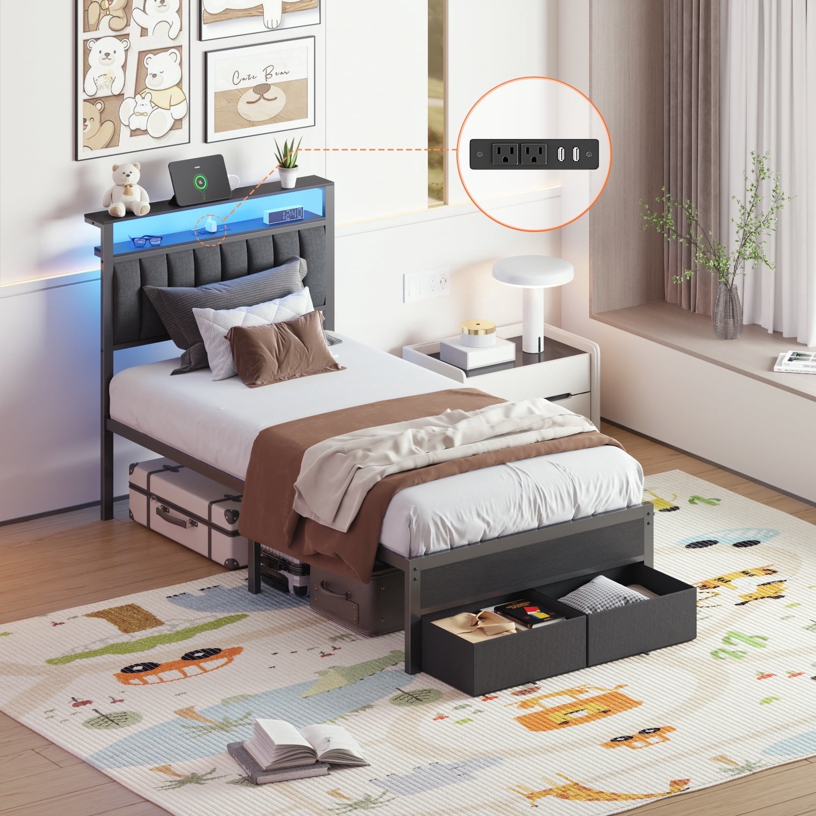BYT Twin Bed Frame with 2 Drawers & Storage Headboard, Platform Metal Bed with 2 USB Ports and Outlets, No Box Spring Needed