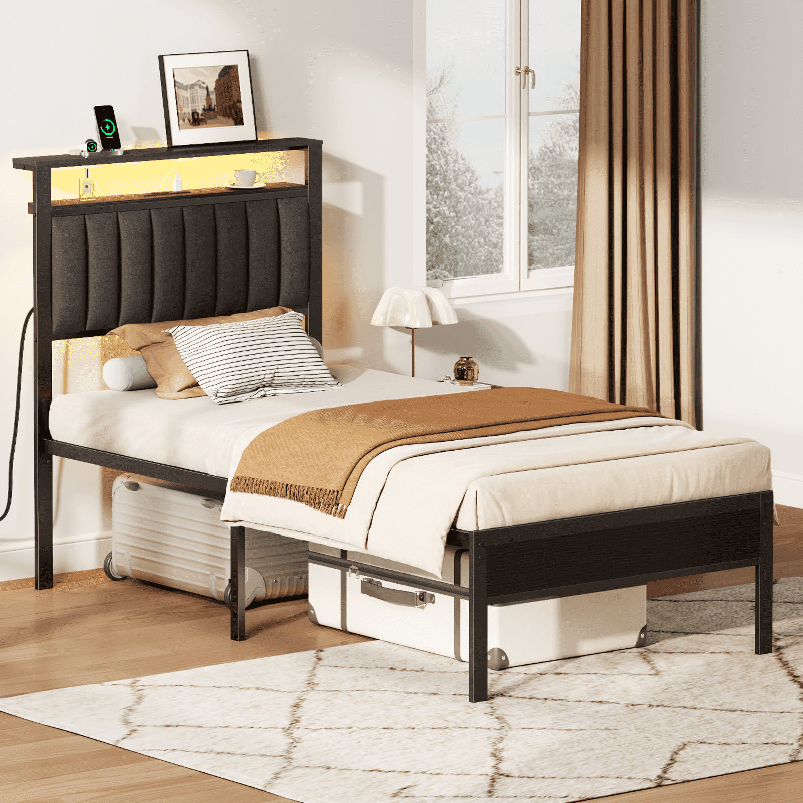 Glozzt Twin LED Bed Frame with Smart RGB Lights, Headboard Charging Station, Versatile Storage Solution, Comfortable Upholstered Backrest, No Box Spring Needed