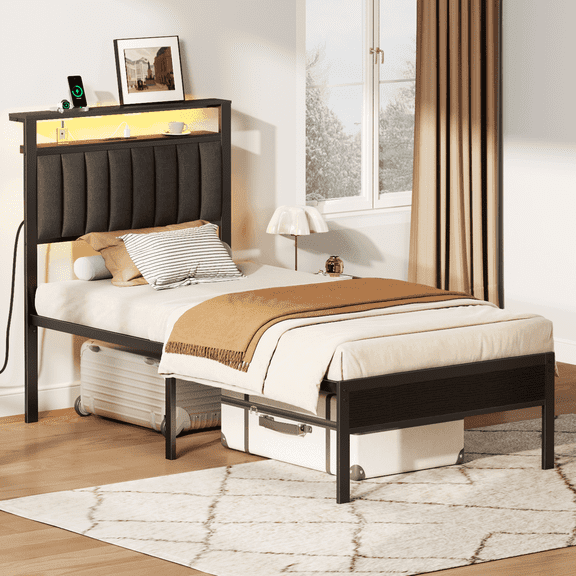 Glozzt Twin LED Bed Frame with Smart RGB Lights, Headboard Charging Station, Versatile Storage Solution, Comfortable Upholstered Backrest, No Box Spring Needed