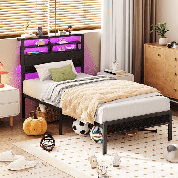 BYT Twin Size Bed Frame with 2 Storage Drawers Headboard, LED & Charging Station, Black oack