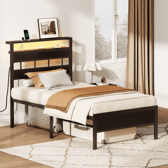 Glozzt Twin Size Bed Frame with Storage Headboard and LED Light, Platform Bed with Metal Slats, Noise Free Design