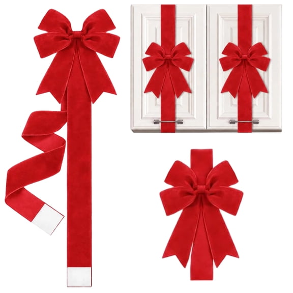 BYXAS 1 Pcs Bright Red Velvet Christmas Cabinet Bows, 78.7 Inch Large Velvet Ribbon Bows for Kitchen Cabinet, Door, Xmas Tree, Gift, Wall & Party Holiday Decorations