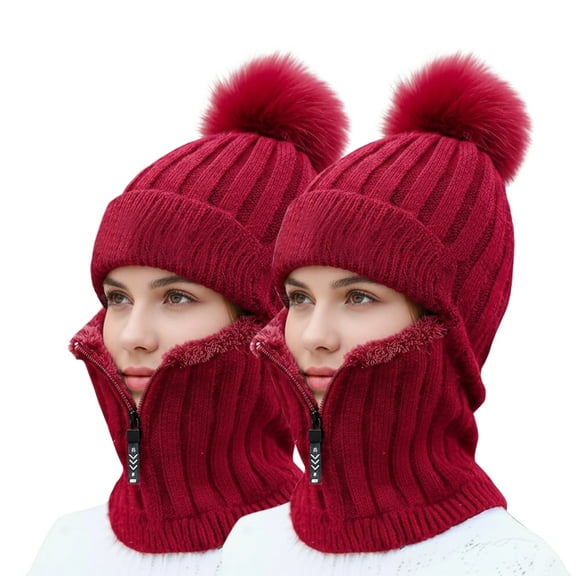BYXAS 2 Pack 3 in 1 Beanie Hat for Women, 2025 Upgrade Women's Knitted Hat in Autumn and Winter, Warm Winter Hat for Cold Weather(Red)