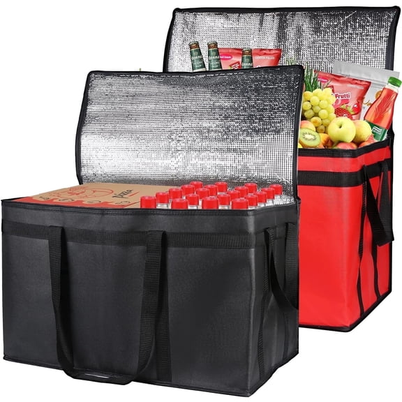 2 Pack Insulated Food Delivery Bag, XXXL 23"x14"x15" Reusable Warming Bag, Pizza Delivery Bags for Hot and Cold Food, Commercial, Large Capacity, Catering Cooler Bag(Black and Red)