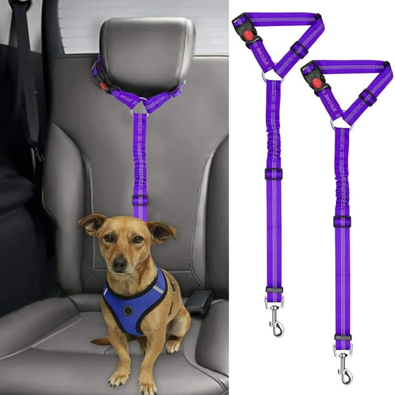 BYXAS 2 Packs Dog Seat Belt,Upgraded 2-in-1 Dog Car Harness Headrest Restraint, Adjustable Nylon Reflective with Bungee Buffer Dog Car Seat Belt Dog Seat Belt Harness for Dogs(Purple)