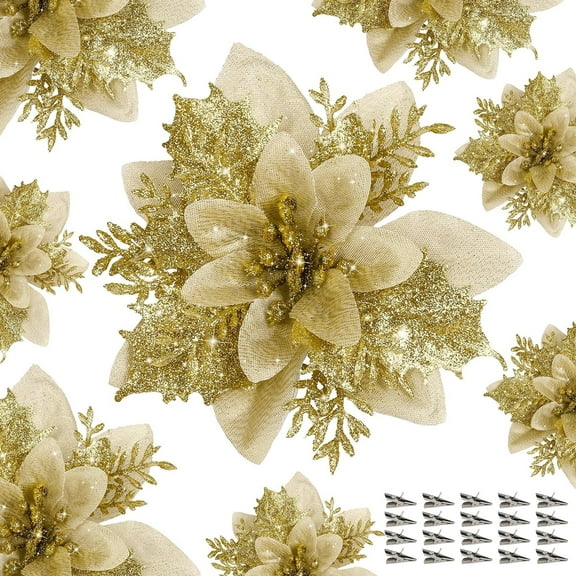 BYXAS 20 Pcs Christmas Artificial Poinsettia Flowers, 5.9" Glitter Artificial Christmas Flowers with Clips for Christmas Tree DIY Wreath Party New Year Decor (Gold)