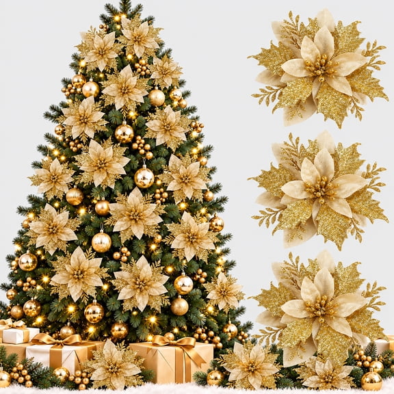 20 Pcs 5.5 Inch Gold Glitter Fake Poinsettia Ornaments, Artificial Christmas Flower Picks with Clips for Xmas Tree Wreath Holiday Decor