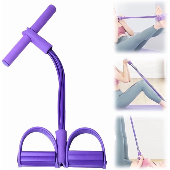 BYXAS 4 Tube Pedal Resistance Bands, Multi-Functional Sit-Up Pull Rope, 21 Shape Fitness Stretching Trainer for Arms & Leg Workouts, Home Gym Equipment for Beginners, Purple