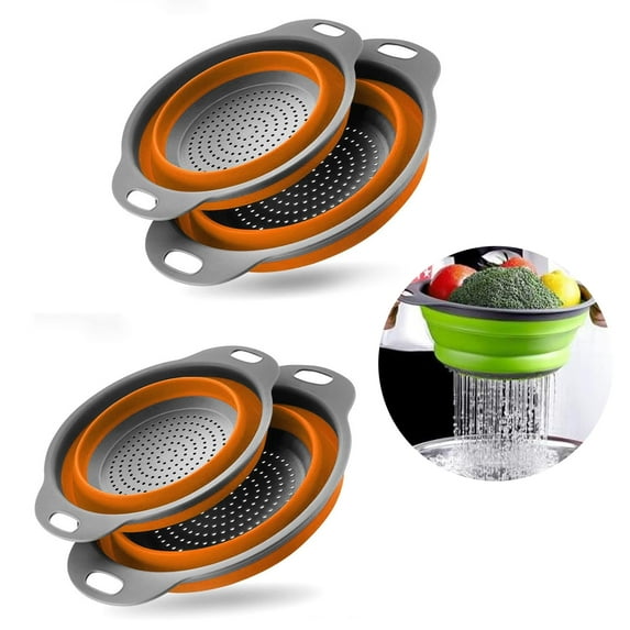 BYXAS 4 Pack Collapsible Colander Set, Foldable Collapsible Strainers for Kitchen, Small Round Colander with Base and Handles for Pasta, Fruit, Vegetables – Space-Saving Kitchen Strainer(Orange)