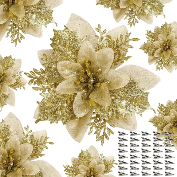 BYXAS 40 PCS Poinsettia Flower Artificial Poinsettia with Clips Christmas Decor Glitter Poinsettia Christmas Ornaments Christmas Tree Flower Decorations with Stems DIY Xmas Wreath Holiday(Gold)