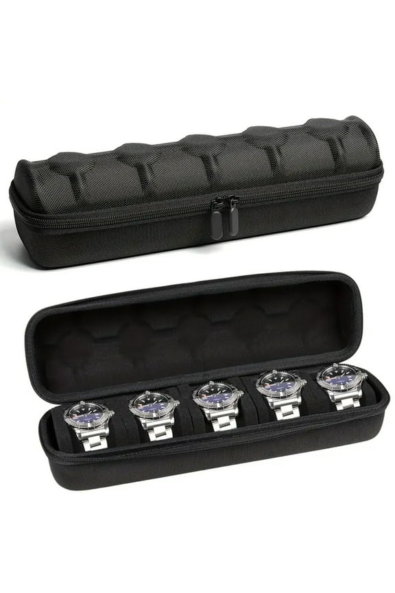 5 Slots Watch Travel Case for Men & Women: Watch Box Organizer Case with Carry Handle, Hard Portable Watch Storage & Travel Case, Watch Roll Fits Wrist Watches & Smart Watches