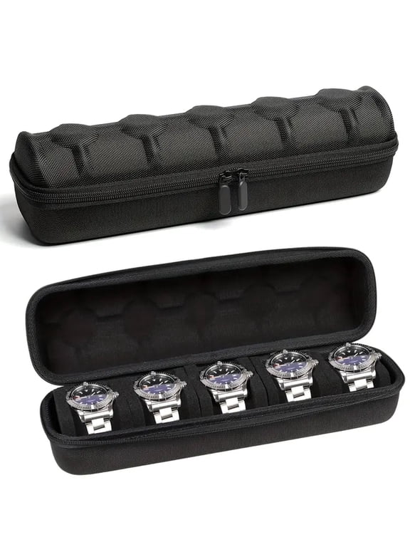 5 Slots Watch Travel Case for Men & Women: Watch Box Organizer Case with Carry Handle, Hard Portable Watch Storage & Travel Case, Watch Roll Fits Wrist Watches & Smart Watches