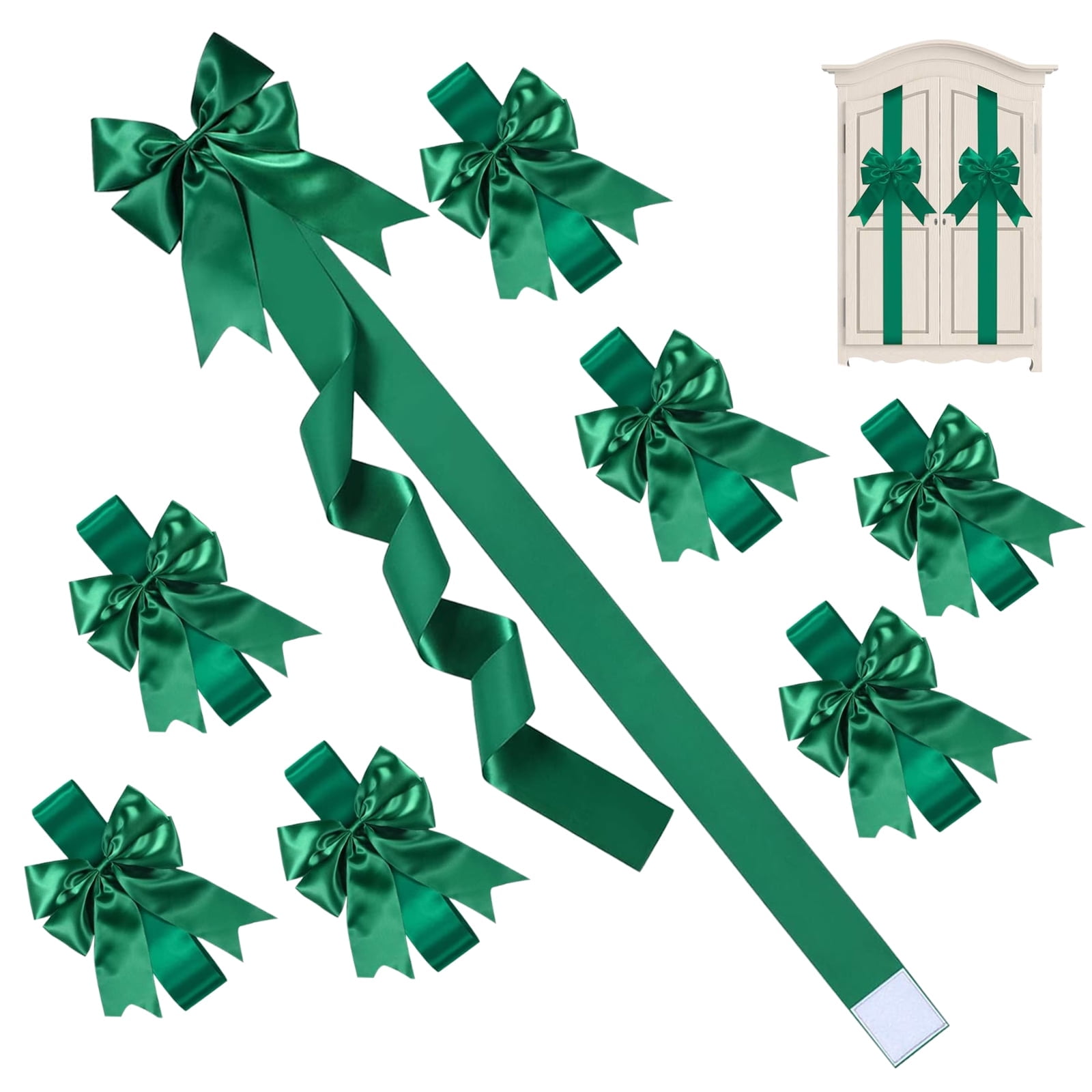 BYXAS 8 Pcs Christmas Cabinet Ribbons Bows Large Bow 4 X 40 Inches Christmas Door Kitchen Cabinet Ribbon Bows Locker for Xmas Holidays Party Decorations Supplies(Green)