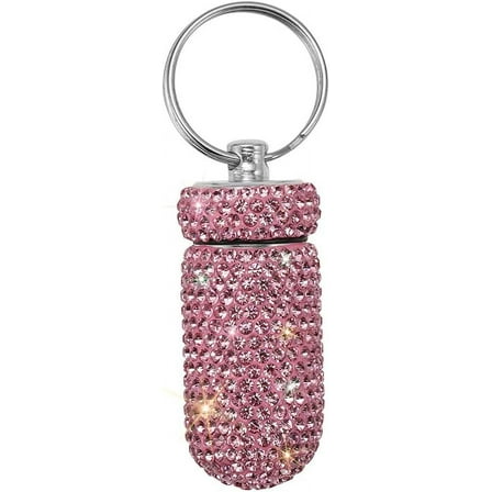 BYXAS Bling Pill Case Pill Container Rhinestone Pill Box Portable Waterproof Pocket Pill Holder Storage Bottle with Keychain for Travel, Outdoor, Camping (Pink)
