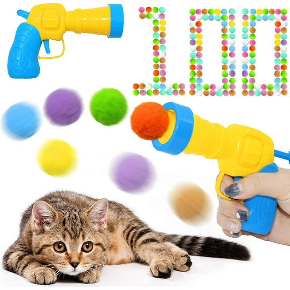 BYXAS Cat Toy Balls Launcher Set(1 Gun+100 Balls), Cat Enrichment Toys, Interactive Funny Cats Toys Balls, 100Pcs Fluffy Pom Pom Balls Cat Toy Outfit, Plush Ball Launcher for Indoor Cats