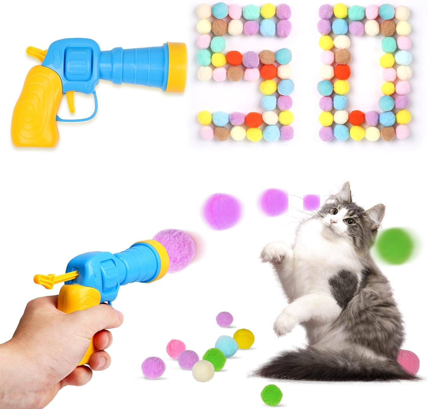 BYXAS Cat Toy Balls Launcher Set(1 Gun+50 Balls), Cat Enrichment Toys ...
