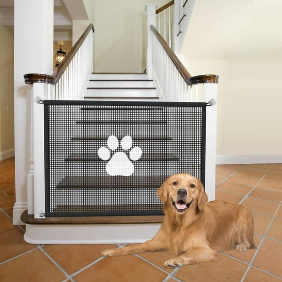 BYXAS Mesh Gates for Pets, Magic Pet Gate for The House, Portable Baby Puppy Safety Fence Guard for Stairs and Doorways, Easy Install Anywhere, 43" W x 31" H, 4 Hooks