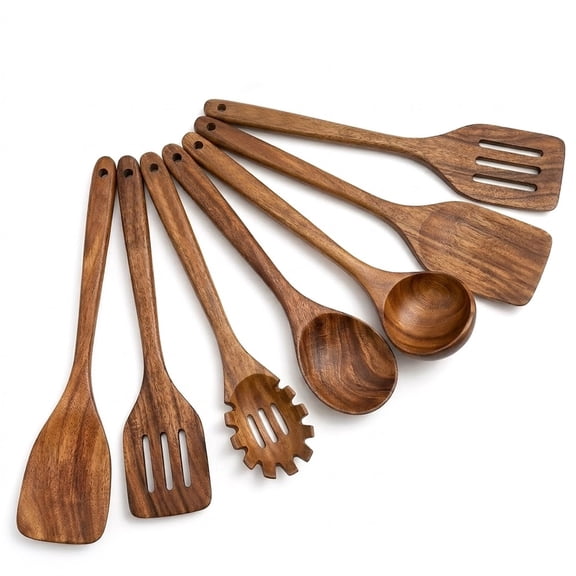 BYXAS Non-Toxic Wooden Spoons for Cooking– 7-Piece Kitchen Utensils Set, Glue-Free & One-Piece Cooking Utensils, Natural Wooden Utensil Set with Plant-Based Finish, Free of Forever Chemicals