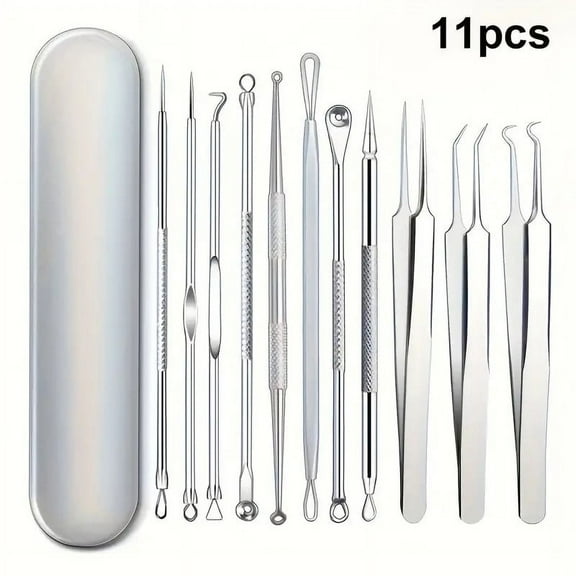 BYXAS Pimple Popper Tool Kit , 11 PCS Professional Stainless Steel Blackhead Remover Comedone Extractor Tools for Removing Zit on Face - Acne Removal Kit with Metal Case (Silver)