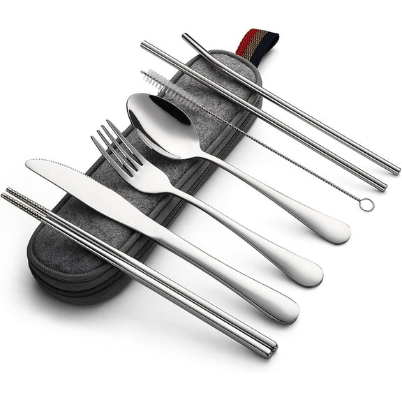 BYXAS Portable Utensils, Travel Camping Cutlery Set, 8-Piece including Knife Fork Spoon Chopsticks Cleaning Brush Straws Portable Case, Stainless Steel Flatware Set (Silver)
