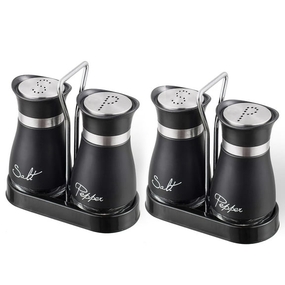 BYXAS Set of 4 Stainless Steel Salt and Pepper Shakers Set with Holder, Refillable, Clear Glass Bottoms, Screw-Off Perforated "S" and "P" Caps for Kitchen Table Decor (Black)