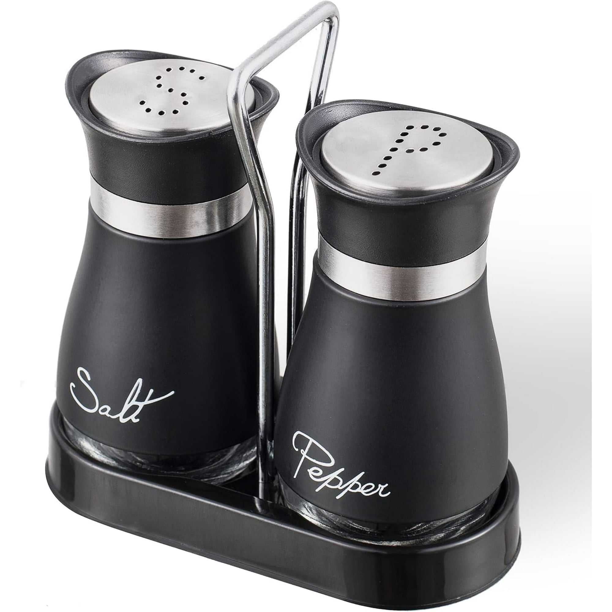 BYXAS Stainless Steel Salt and Pepper Shakers Set with Holder, Refillable, Clear Glass Bottoms, Screw-Off Perforated "S" and "P" Caps for Kitchen Table Decor Set of 2 (Black)