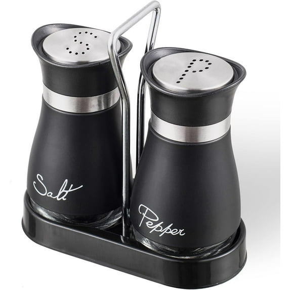 BYXAS Stainless Steel Salt and Pepper Shakers Set with Holder, Refillable, Clear Glass Bottoms, Screw-Off Perforated "S" and "P" Caps for Kitchen Table Decor Set of 2 (Black)